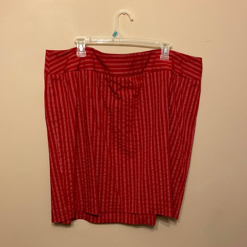 Red pinstripe skirt, knee length, size 20